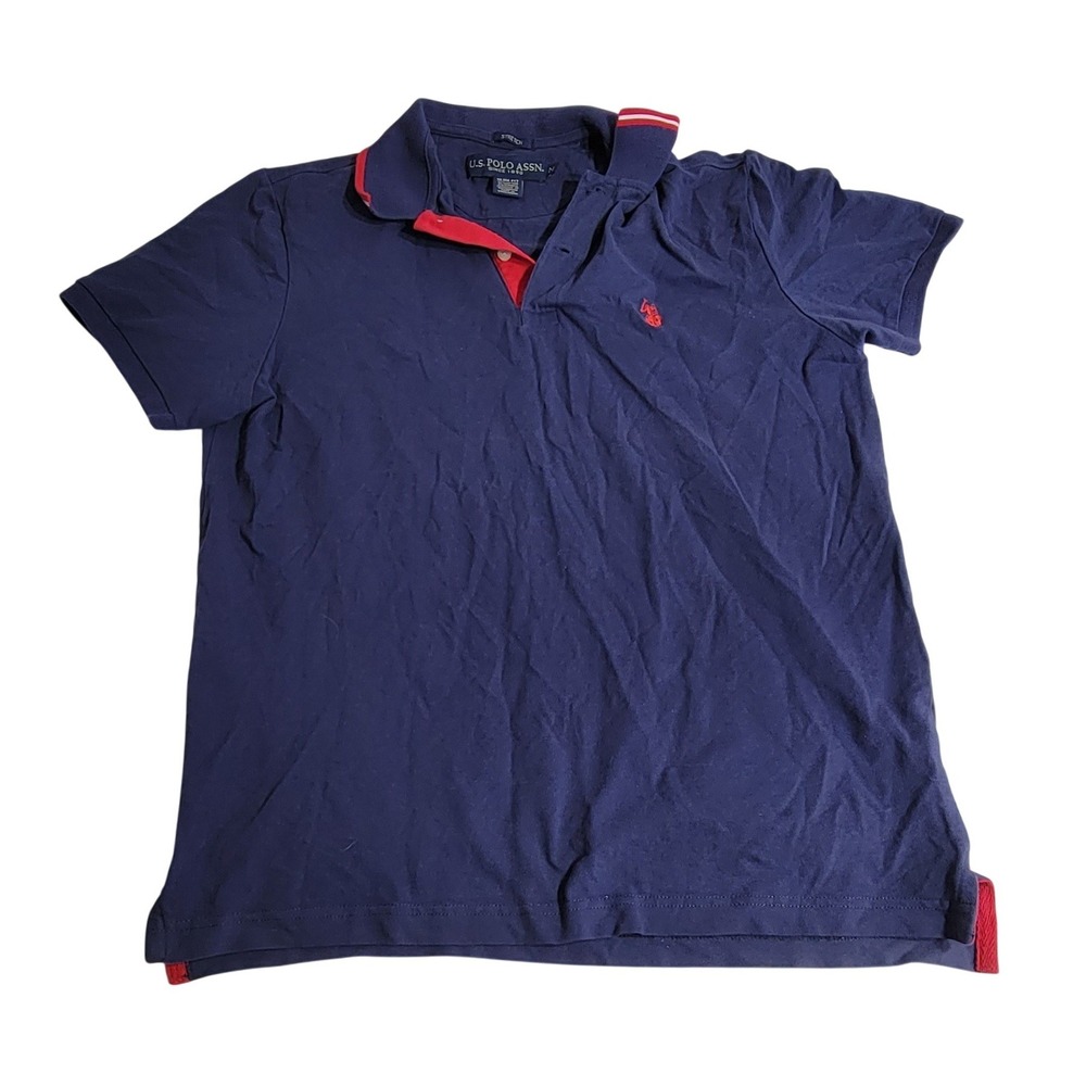 US Polo Assn Mens Slim Fit Stretch Polo Shirt Navy Blue Red Size M Short Sleeve
